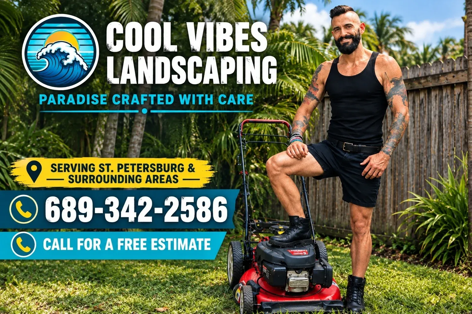 Kevin Voeltz, owner of Cool Vibes Landscaping, with his mower in a tropical St. Pete yard. Paradise Crafted With Care. Serving St. Petersburg and surrounding areas. Call 689-342-2586 for a free estimate.
