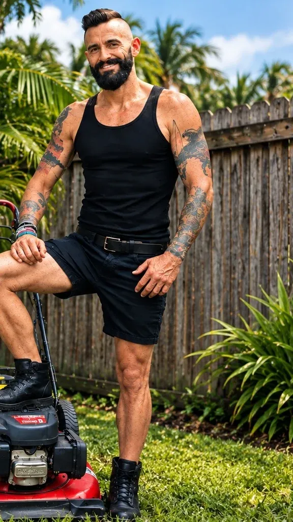 Kevin Voeltz, owner of Cool Vibes Landscaping, standing with his mower in a tropical backyard